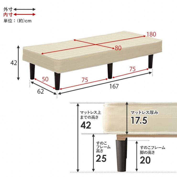 ボンネルコイルマットレスベッド KMB-3105SSS 幅80cm 奥行180cm 高さ42cm
