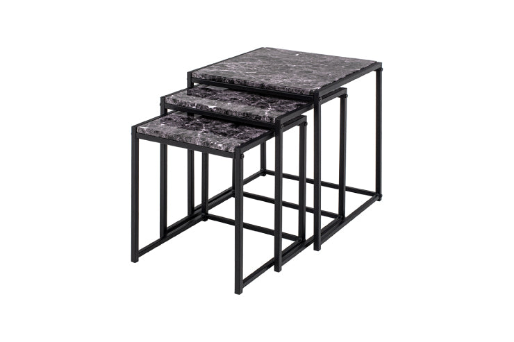 Table gigogne LST-4667 Largeur 45 cm Profondeur 45 cm Hauteur 47 cm Lot de 3 Table aspect marbre Table basse Table de salon Table basse Étagère Extensible Vintage Fer massif Rétro Table de café Table en bois Élégant Moderne