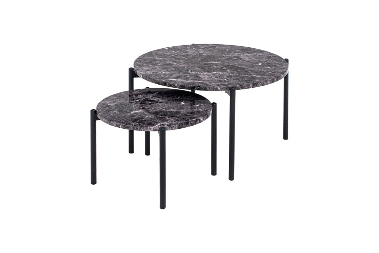 Table gigogne LT-4666 Largeur 64 cm Profondeur 64 cm Hauteur 34 cm Table aspect marbre Lot de 2 Table basse en marbre noir blanc Table de salon Table basse Table d'appoint Table de café Table ronde Affichage élégant moderne