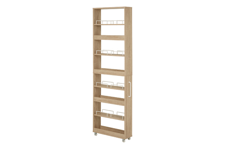 Étagère de cuisine RCC-1629 Largeur 87 cm Profondeur 45 cm Hauteur 186 cm Avec prise Rangement de cuisine Glissière Tiroir Support pour micro-ondes Placard Étagère Étagère Salle à manger Grain de bois Mince Grande capacité Étagère à épices Nouvelle vie