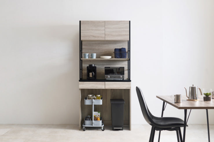 Étagère de cuisine RCC-1629 Largeur 87 cm Profondeur 45 cm Hauteur 186 cm Avec prise Rangement de cuisine Glissière Tiroir Support pour micro-ondes Placard Étagère Étagère Salle à manger Grain de bois Mince Grande capacité Étagère à épices Nouvelle vie