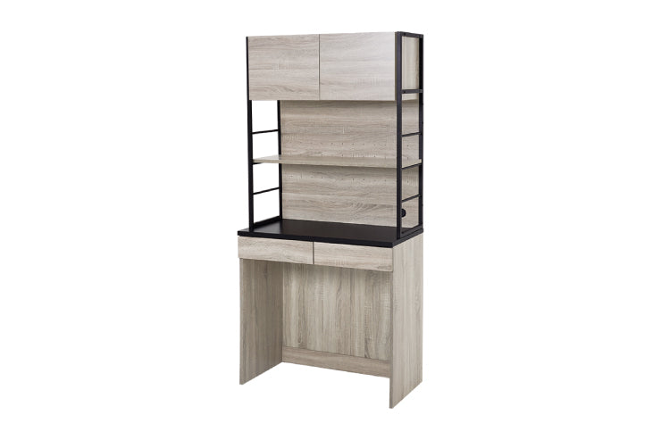 Étagère de cuisine RCC-1629 Largeur 87 cm Profondeur 45 cm Hauteur 186 cm Avec prise Rangement de cuisine Glissière Tiroir Support pour micro-ondes Placard Étagère Étagère Salle à manger Grain de bois Mince Grande capacité Étagère à épices Nouvelle vie