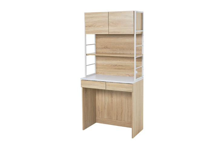 Étagère de cuisine RCC-1629 Largeur 87 cm Profondeur 45 cm Hauteur 186 cm Avec prise Rangement de cuisine Glissière Tiroir Support pour micro-ondes Placard Étagère Étagère Salle à manger Grain de bois Mince Grande capacité Étagère à épices Nouvelle vie