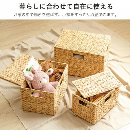 天然素材バスケット スクエア3点セット IW-12 S M L ふた付きタイプ