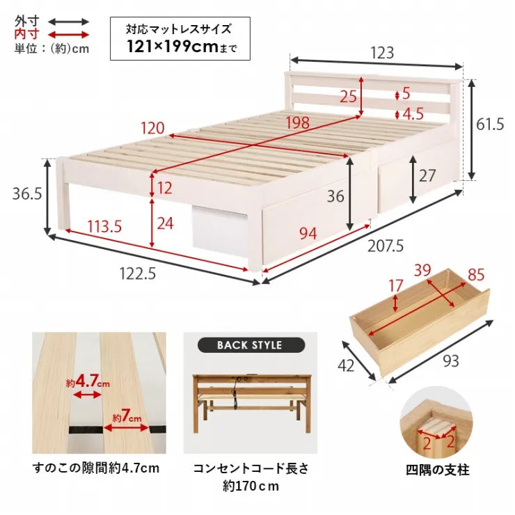 簡単組立 マットレス付きセミダブルベッド MB-5150SD3302HS 幅123cm 奥行き207.5cm 高さ61.5cm 床面高さ36cm
