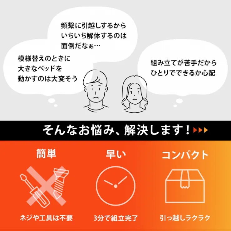 簡単組立 マットレス付きシングルベッド MB-5195S3301 幅98.5cm 奥行き209cm 高さ68cm 床面高さ36cm