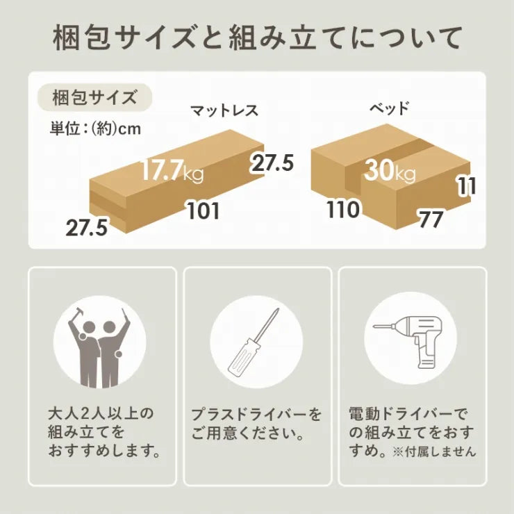 マットレス付きシングルベッド RB-17173302S 幅106cm 奥行き209cm 高さ81cm 床面高さ29cm