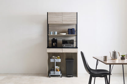 Étagère de cuisine RCC-1629 Largeur 87 cm Profondeur 45 cm Hauteur 186 cm Avec prise Rangement de cuisine Glissière Tiroir Support pour micro-ondes Placard Étagère Étagère Salle à manger Grain de bois Mince Grande capacité Étagère à épices Nouvelle vie